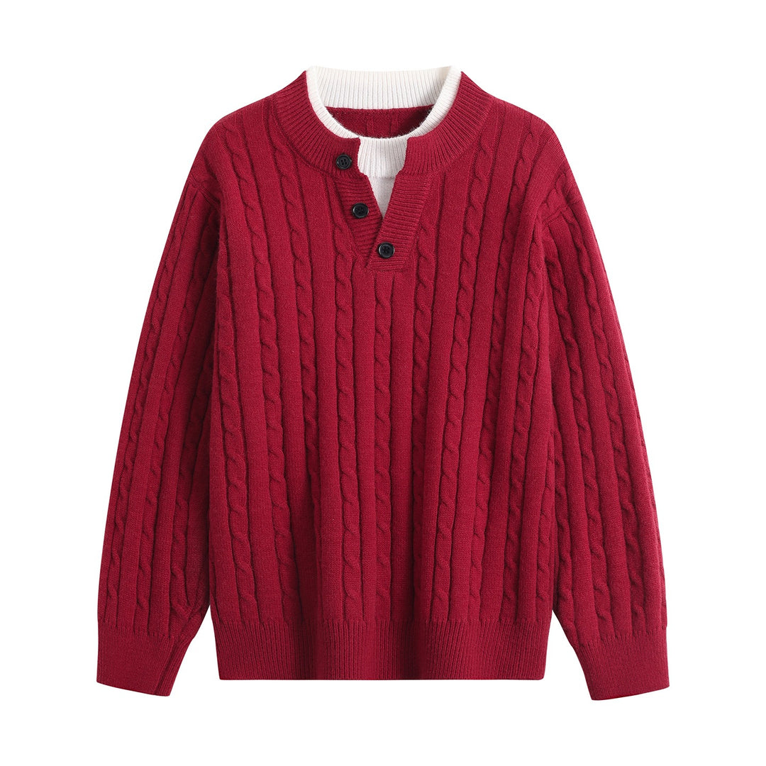 Damen Oversize Zopfstrick-Pullover mit Henley‑Kragen und Kontrastinnenkragen Echoarchiv