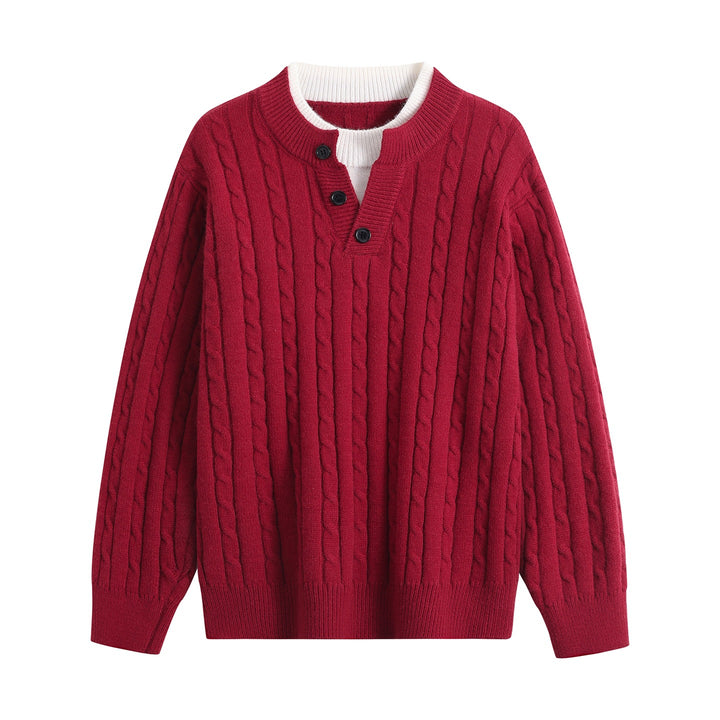 Damen Oversize Zopfstrick-Pullover mit Henley‑Kragen und Kontrastinnenkragen Echoarchiv