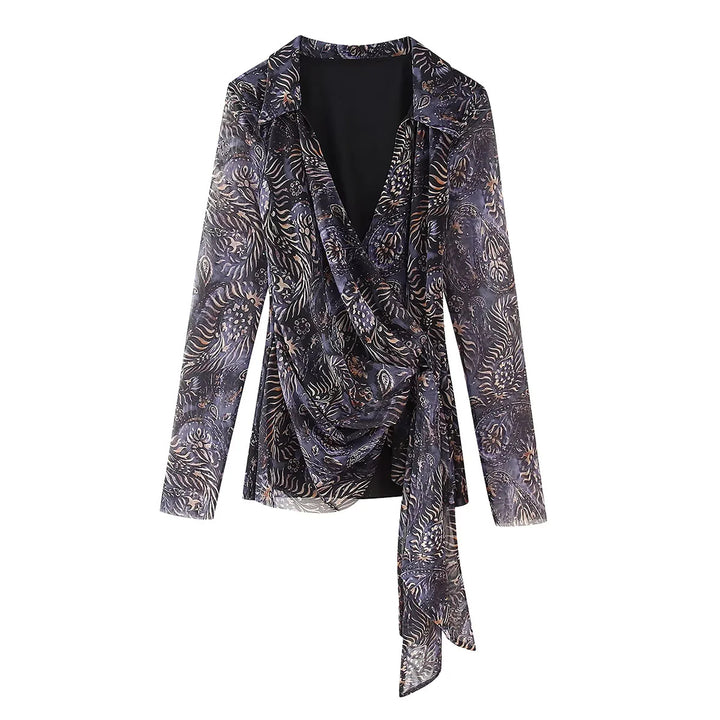 Damen nan drapiertes Wickelchiffon-Blusentop mit Hemdkragen und langen Bindeschleifen Echo Archiv
