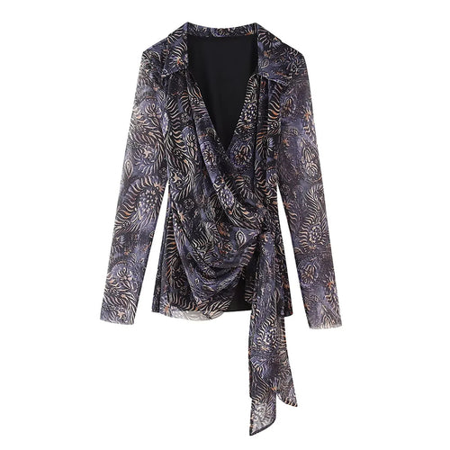 Damen nan drapiertes Wickelchiffon-Blusentop mit Hemdkragen und langen Bindeschleifen Echo Archiv