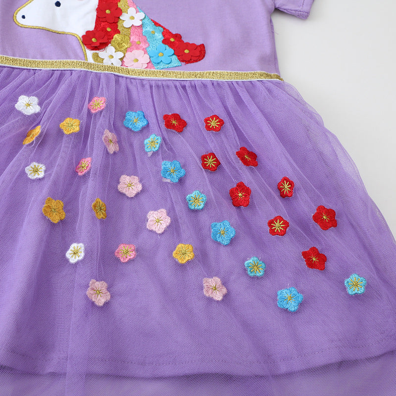 Mädchen Tüllkleid mit bunten Einhorn- und Blumenapplikationen Echo Archiv