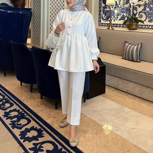 Damen Elegantes Tunika‑Hosen‑Set mit geraffter Empire‑Tunika und schlanker Anzughose Echoarchiv