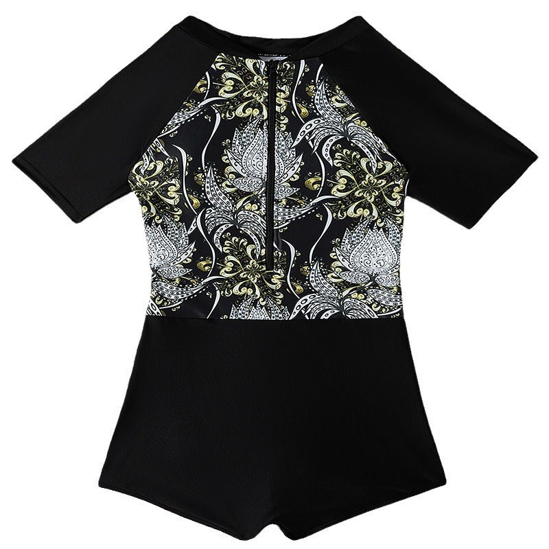 Damen sportlicher Schwimmanzug mit kurzem Arm und moderner floralem Design Echo Archiv