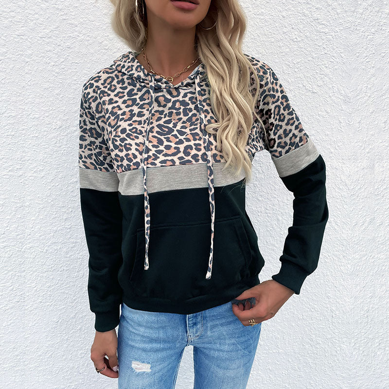 Damen Kapuzenpullover im Blockdesign mit Leopardenmuster, Kängurutasche und Tunnelzug Echoarchiv