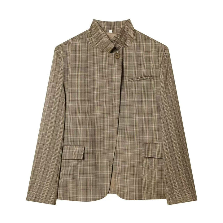 Damen Kurzblazer mit Stehkragen, asymmetrischer Knopfblende und Pattentaschen Echoarchiv