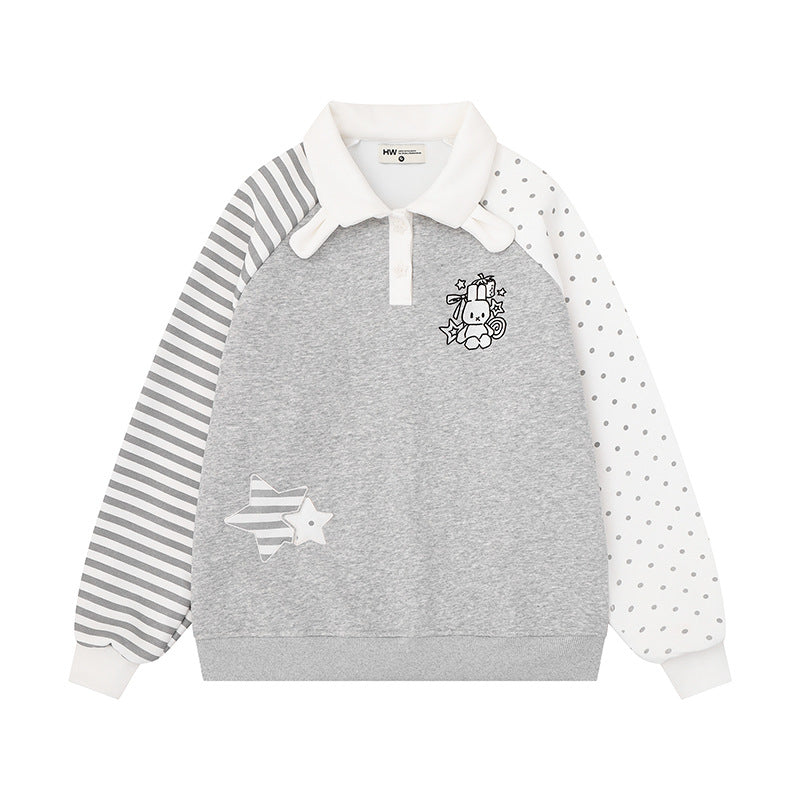 Damen Langarm-Polo-Sweatshirt im Patchwork-Stil mit kontrastierenden Ärmeln und Stern-Applikationen Echoarchiv