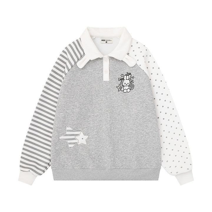 Damen Langarm-Polo-Sweatshirt im Patchwork-Stil mit kontrastierenden Ärmeln und Stern-Applikationen Echoarchiv