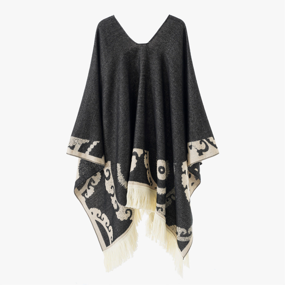 Damen Wollmix-Medallionponcho mit V-Ausschnitt und Fransensaum Echo Archiv