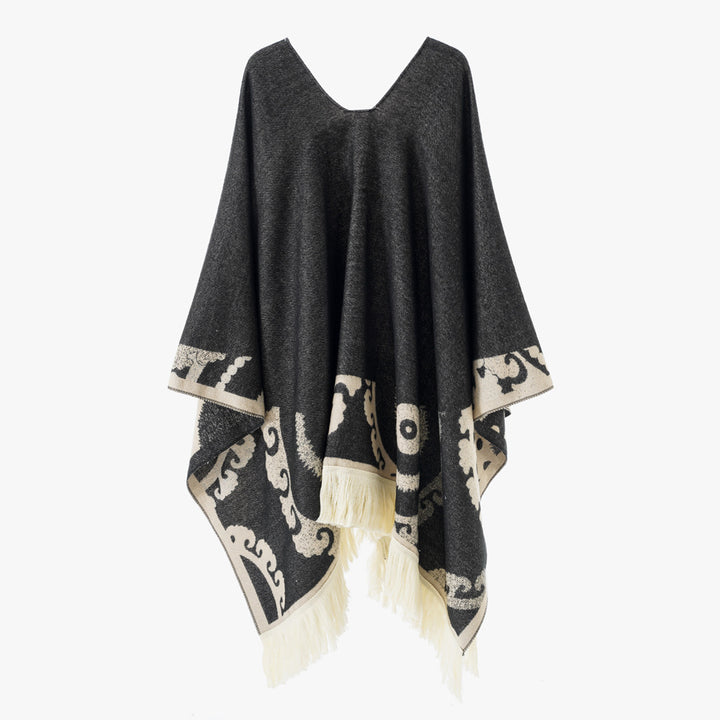 Damen Wollmix-Medallionponcho mit V-Ausschnitt und Fransensaum Echo Archiv