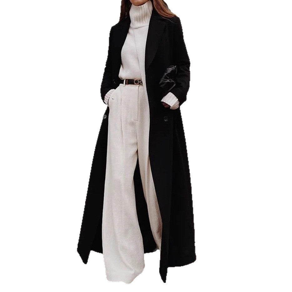 Damen Langer doppeltreihiger Wollmantel mit Reverskragen und taillierter Silhouette – Montévia