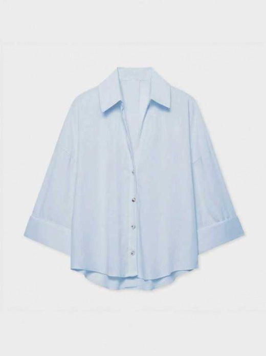 Damen Leichte Oversize Leinenoptik Bluse mit Dreiviertelärmeln und durchgehender Knopfleiste Echoarchiv