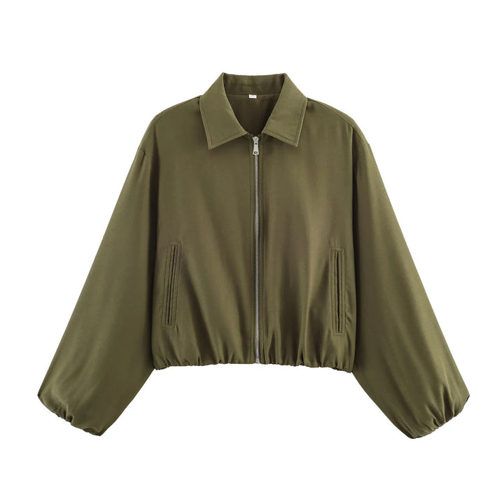 Damen nan Cropped Bomberjacke mit durchgehendem Reißverschluss, weitem Ballonärmeln und elastischem Saum Echo Archiv