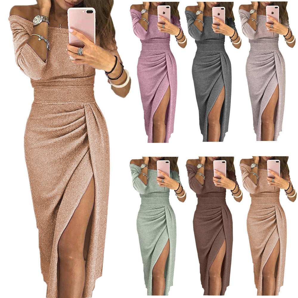 Damen glamouröses Midikleid mit Off-Shoulder-Design und schimmerndem Stoff – Élara