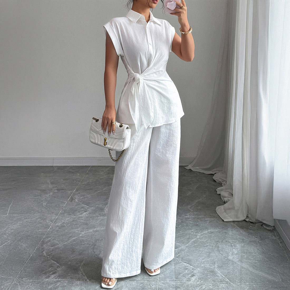 Damen elegantes Zweiteiliges Set mit taillierter Bluse und weit geschnittenen Hosen – Élanora