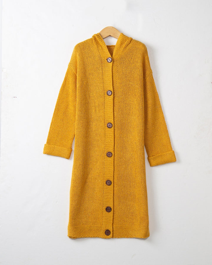 Damen Kapuzen-Longcardigan aus mitteldickem Rippstrick mit durchgehender Knopfleiste und lockerem Oversize-Schnitt Echo Archiv