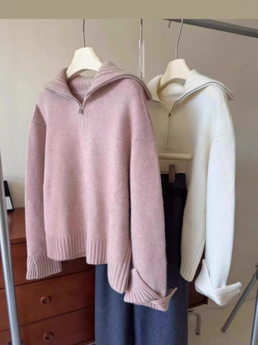 Damen Oversize Feinstrickpullover mit halbem Reißverschluss und weitem Rollkragen Echoarchiv