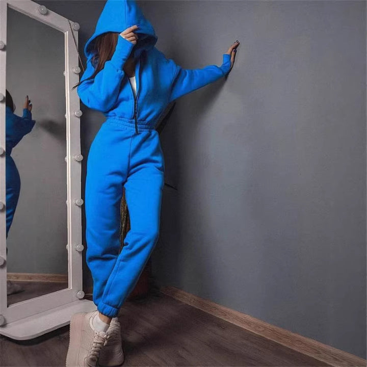 Damen Taillierter Kapuzen-Sweat-Jumpsuit mit Reißverschluss und elastischem Taillenbund – Solévia