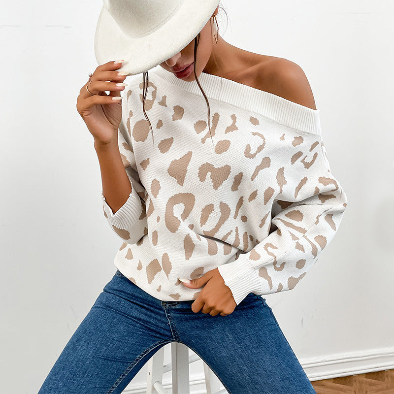 Damen Carmenpullover im Leoparden-Jacquard Oversize mit weitem Ausschnitt Echoarchiv