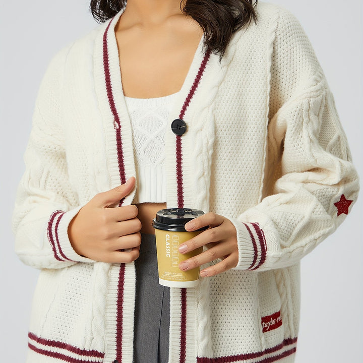Damen nan oversized Zopfstrick Cardigan mit V-Ausschnitt und kontrastierenden Strickkanten Echo Archiv