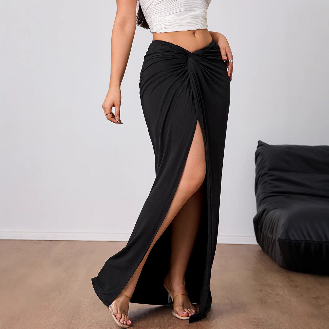 Damen Maxirock mit Twist-Knoten und Seitenschlitz hoher Bund elastischer Jersey – Valéora