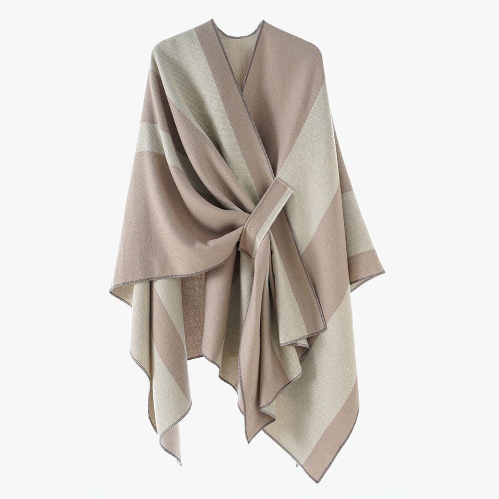 Damen Wickel‑Cape mit breitem Streifenmuster und Bindegürtel – Avérine