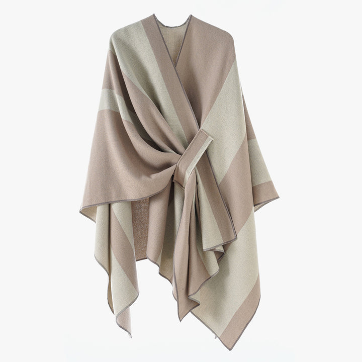 Damen Wickel‑Cape mit breitem Streifenmuster und Bindegürtel – Avérine