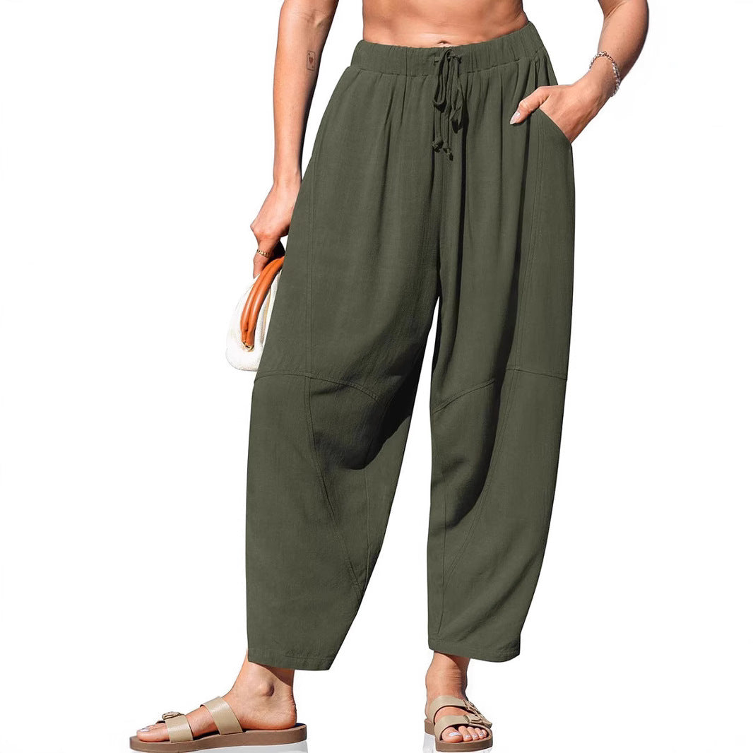 Damen Locker geschnittene Leinenhose mit weitem Bein und Kordelbund – Avérine