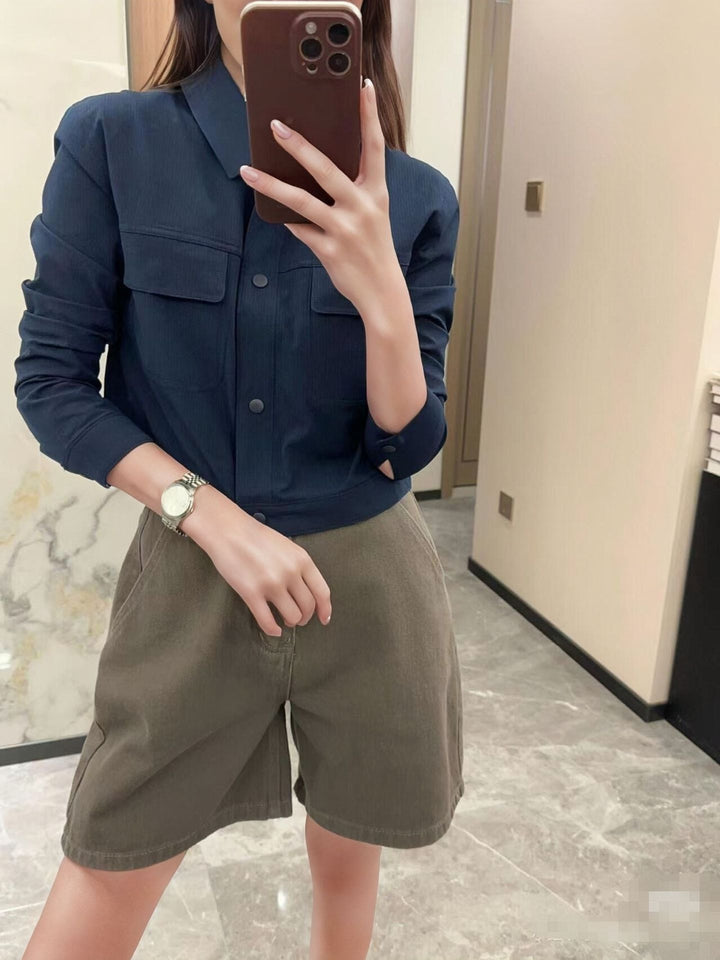 Damen Kurze Overshirt-Jacke aus strukturiertem Canvas mit Brusttaschen Echoarchiv