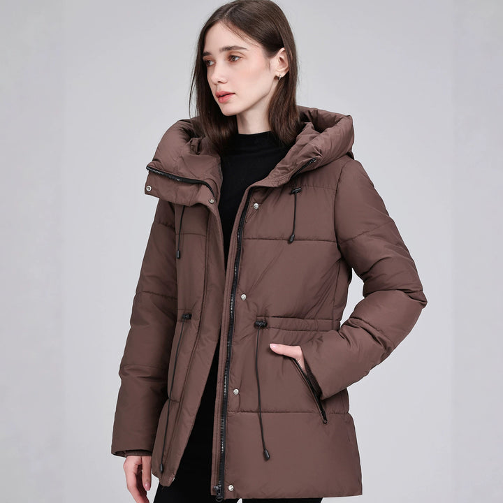 Damen Wattierter Mid‑Length Parka mit Kapuze, Taillenzug und Reißverschlusstaschen Echo Archiv