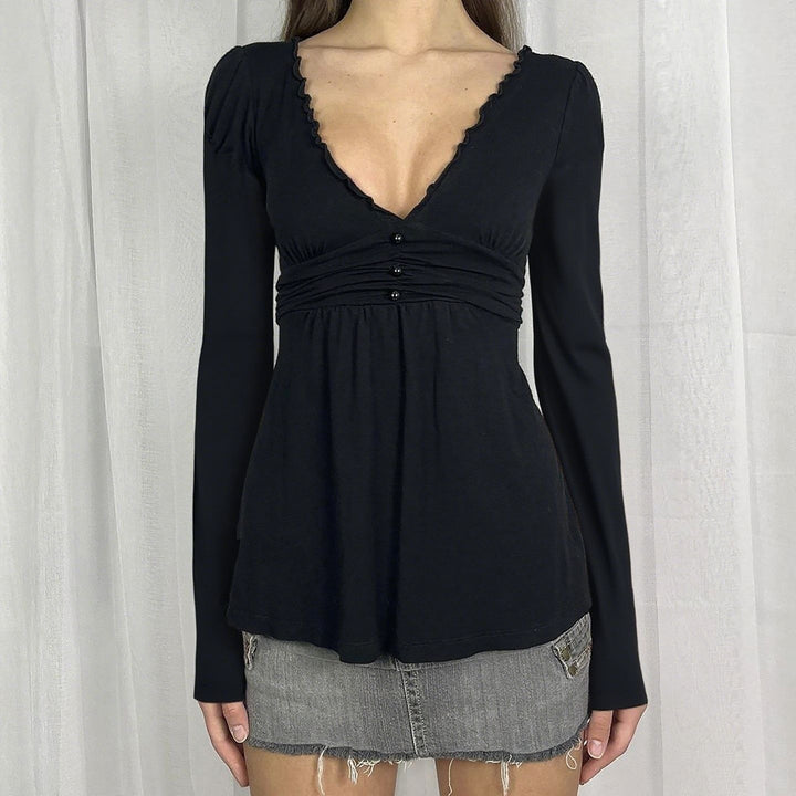 Damen Langarm-Wickelshirt im Empire-Stil mit geraffter Unterbrust und Rüschenkragen – Élovi
