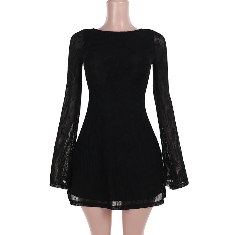 Damen A‑Linien‑Spitzenminikleid mit Bootneck, taillierter Silhouette und transparenten Glockenärmeln – Élara