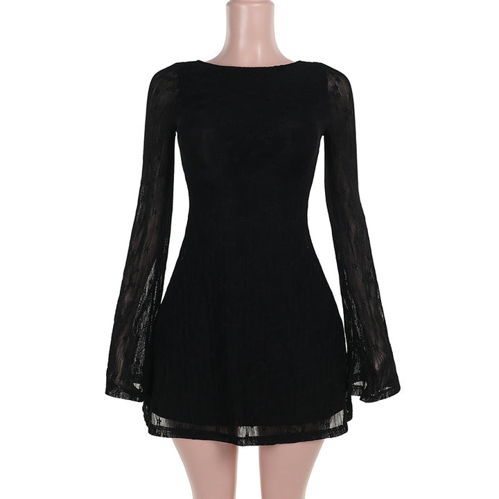 Damen A‑Linien‑Spitzenminikleid mit Bootneck, taillierter Silhouette und transparenten Glockenärmeln – Élara