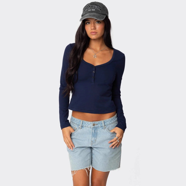 Damen Cropped Langarmhemd mit Knopfleiste und weichem Stoff Echo Archiv