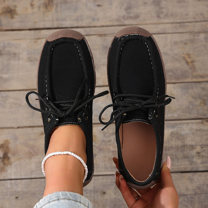 Damen lässige Mokassin-Slipper aus Veloursimitat mit dekorativer Ziernaht, elastischer Schnürung und flexibler Gummisohle – Lioré