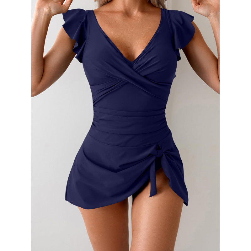 Damen Eleganter Badeanzug mit Rüschendetails und Wickelrock Echo Archiv