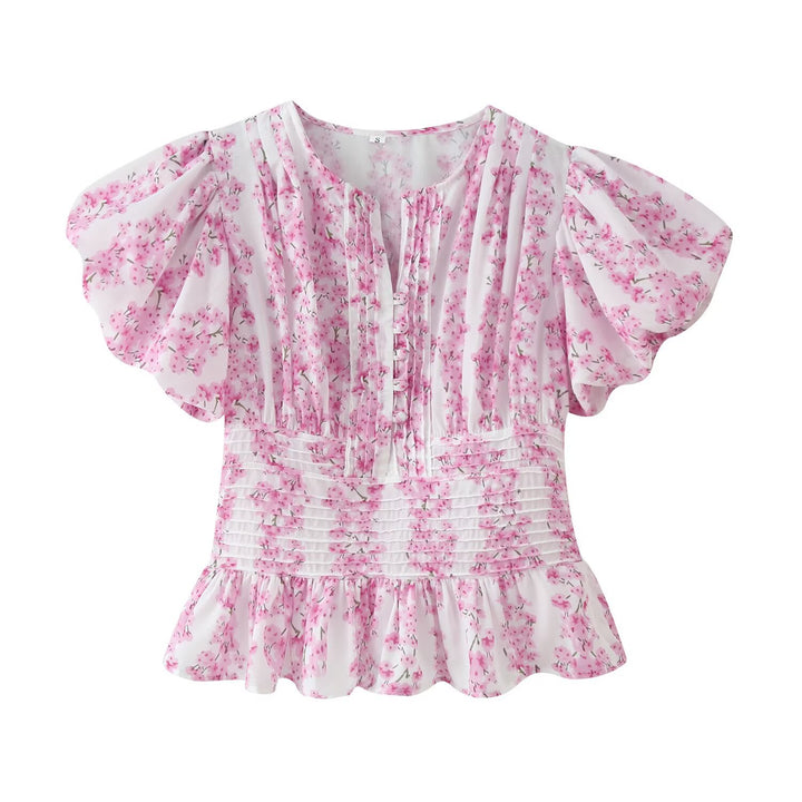 Damen Romantische Bluse mit Puffärmeln, Kellerfalten‑Blende und gesmokter Taille Echo Archiv