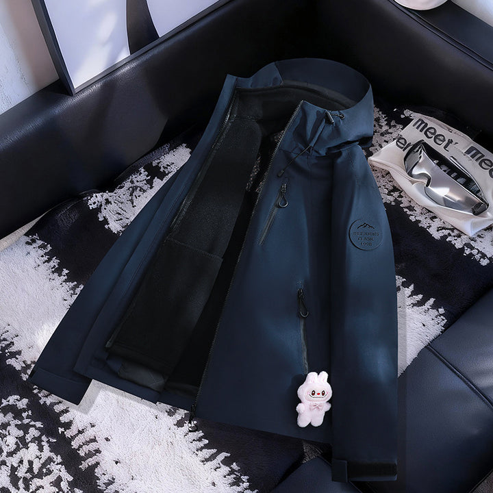 Damen Leichte wasserdichte Kapuzenjacke mit Teddy‑Charm und verdeckten Reißverschlusstaschen Echoarchiv