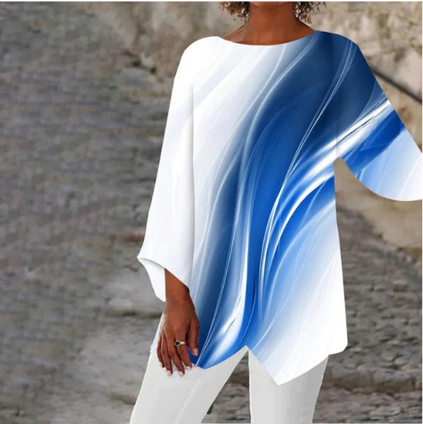 Damen asymmetrisches Langarmshirt mit Grafikdruck und Fledermausärmeln – Avérine