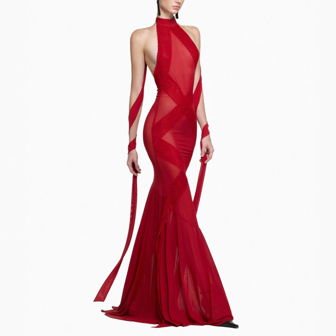 Damen Glamouröses Langarmkleid mit transparenten Einsätzen und raffinierten Drapierungen Echo Archiv