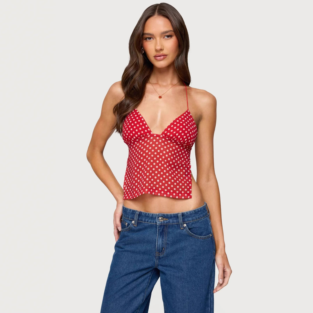 Damen Polka Dot Top mit zarten Trägern und figurbetontem Schnitt Echo Archiv