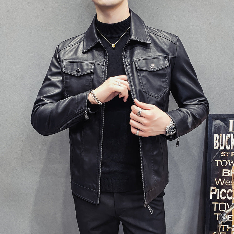 Herren Slim-Fit Kunstleder-Truckerjacke mit Hemdkragen und Brustpattentaschen Echo Archiv