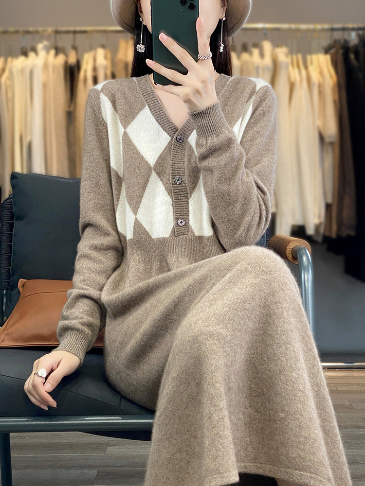Damen Strick-Set mit V-Cardigan Rautenmuster und tailliertem Midirock Echoarchiv