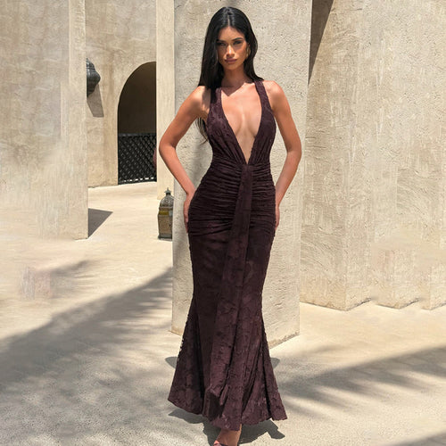 Damen Elegantes Maxikleid mit tiefem V-Ausschnitt und strukturierter Raffung Echo Archiv