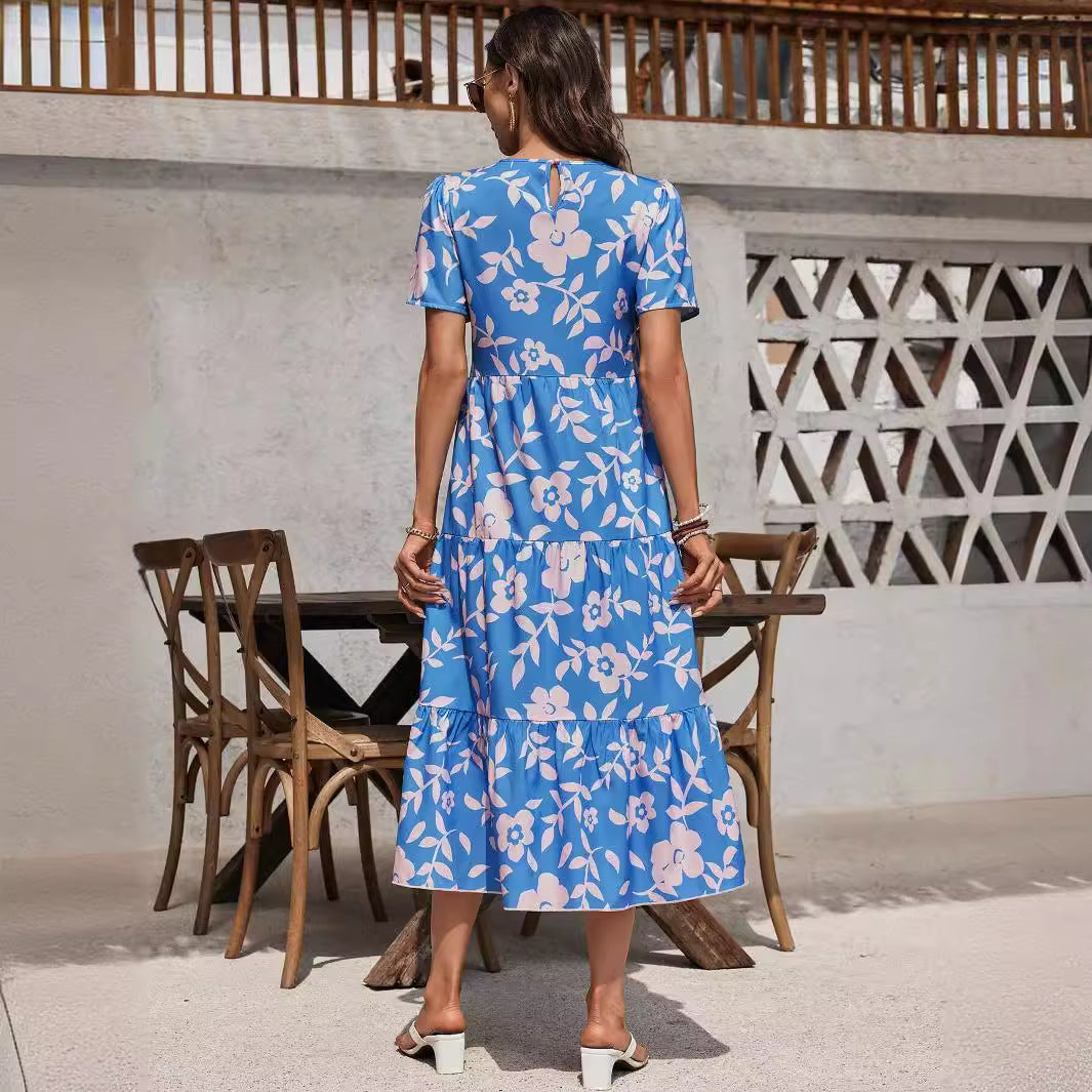 Damen nan luftiges Stufenmidikleid mit hoher Taillennaht, kurzem Ärmel und durchgehendem Blumenmuster Echo Archiv