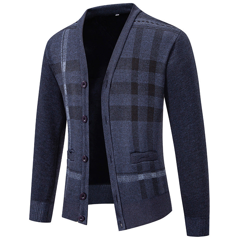 Herren stilvolle Strickjacke mit modernem Karomuster und praktischen Taschen Echoarchiv