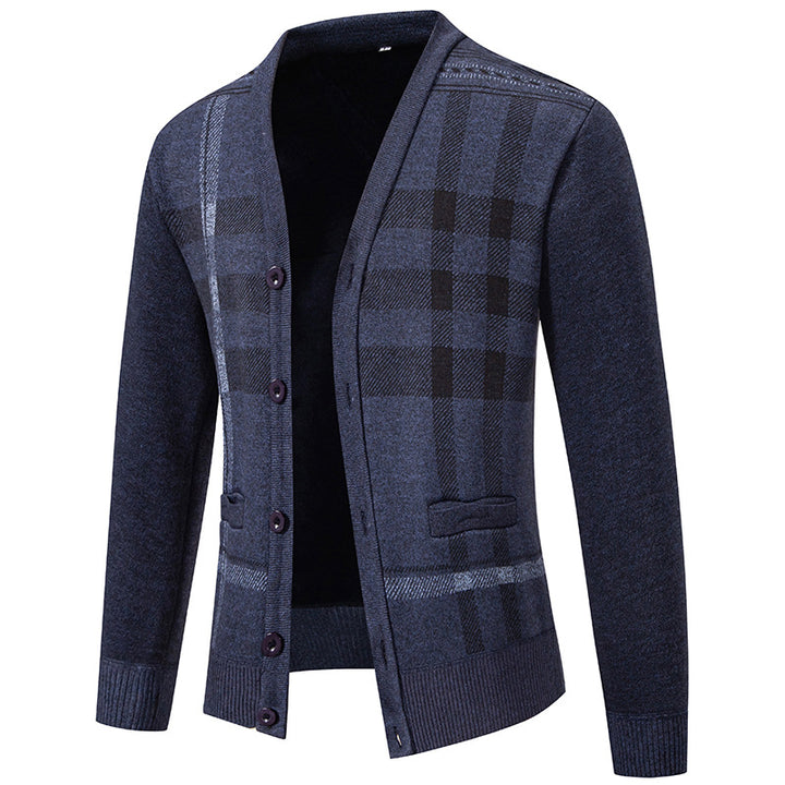 Herren stilvolle Strickjacke mit modernem Karomuster und praktischen Taschen Echoarchiv