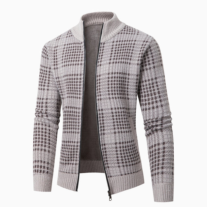 Herren Feinstrick-Zipcardigan mit Glencheck‑Muster, Stehkragen und Zwei‑Wege‑Reißverschluss Echo Archiv
