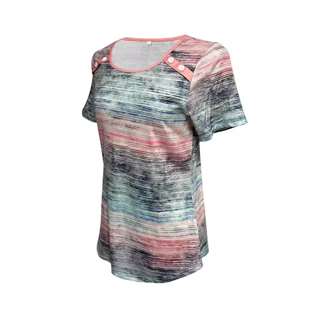Damen nan leichtes Jersey-Longshirt mit horizontalem Pinselprint und Schulterknopfdetail Echo Archiv