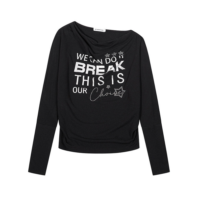 Damen Weiches Langarmshirt mit Wasserfallausschnitt, Statement-Print und Strassapplikationen Echoarchiv