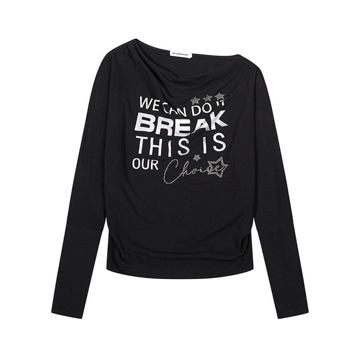 Damen Weiches Langarmshirt mit Wasserfallausschnitt, Statement-Print und Strassapplikationen Echoarchiv